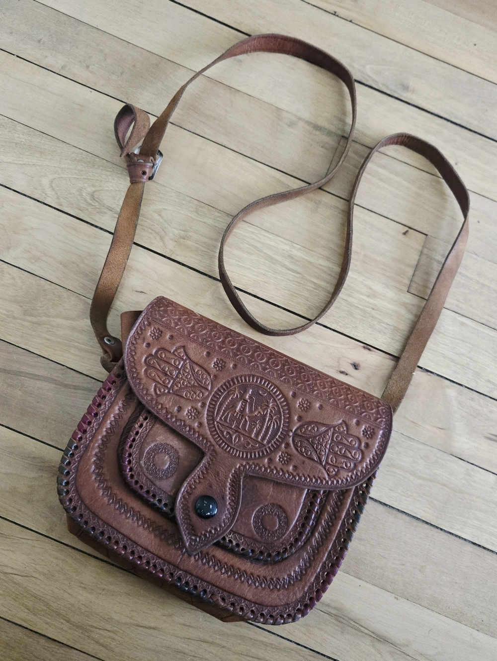 Vintage Handmade Moroccan Tooled Leather Crossbody Bag Cognac Brown Purse